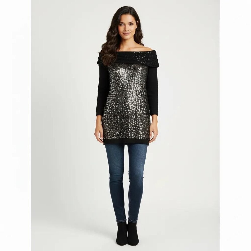 White House Black Market Cashmere Blend Sparkly Off-Shoulder Pullover Sweater S